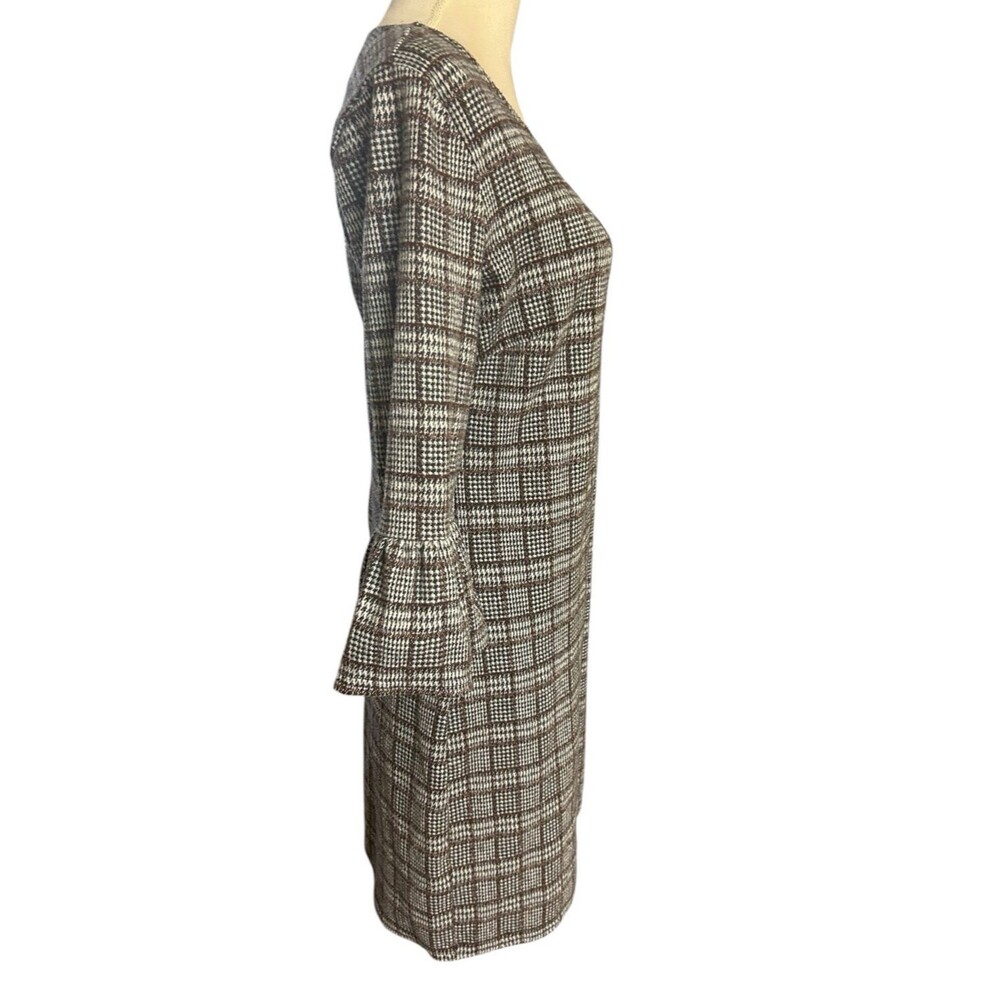 Nina Leonard Womens S Plaid Brown Gray 3/4 Balloon Sleeves Shift Stretch Dress - Picture 5 of 9
